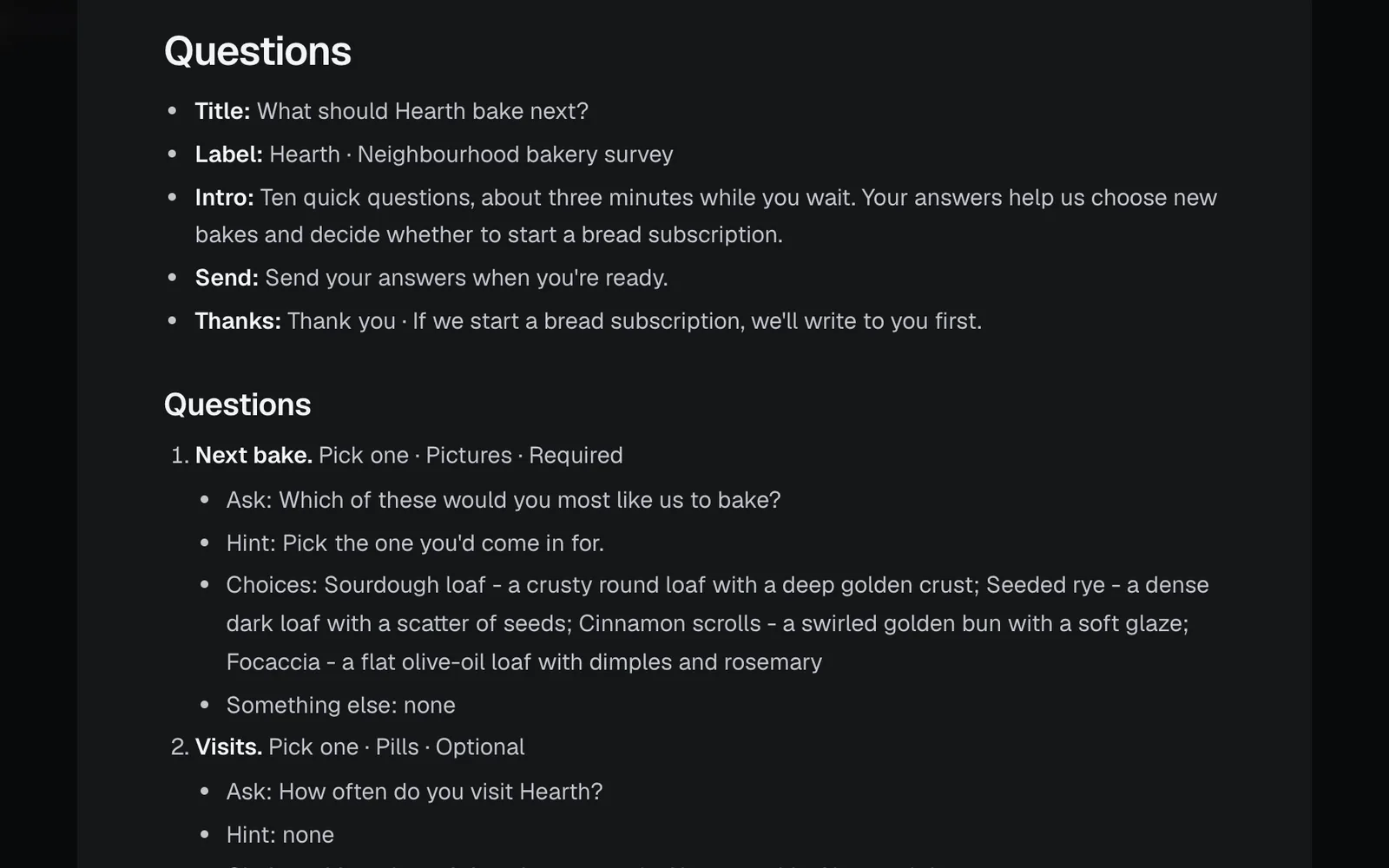 Questions.md open full size: the title What should Hearth bake next?, the label, intro, send line and thanks, then question 1, Next bake, Pick one, Pictures, Required, with its four choices