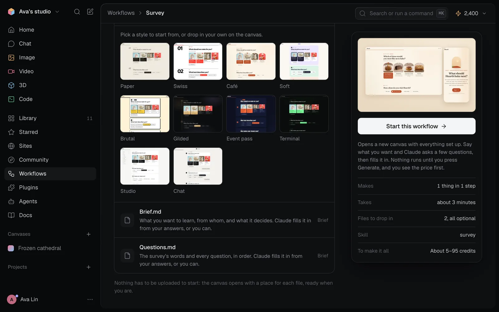 The Survey workflow's page in Fil: Pick a style to start from, or drop in your own on the canvas, above the ten styles, Paper, Swiss, Café, Soft, Brutal, Gilded, Event pass, Terminal, Studio and Chat, each showing the same sample survey