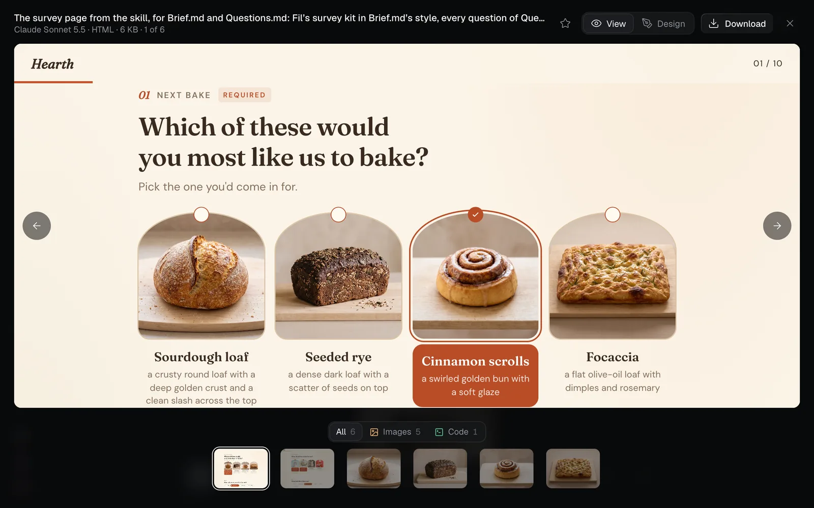The survey open full size in the Café style: Which of these would you most like us to bake?, with Sourdough loaf, Seeded rye, Cinnamon scrolls and Focaccia, Cinnamon scrolls picked