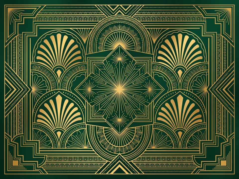 Art deco: Gold fans and geometry on deep green