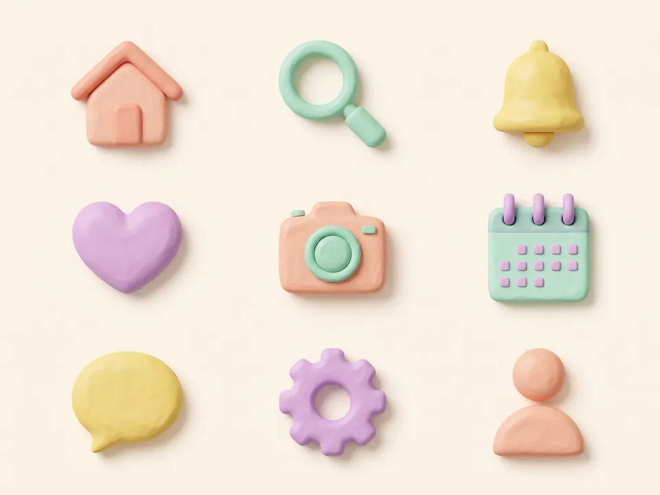 Clay icons: Puffy matte 3D in soft pastels