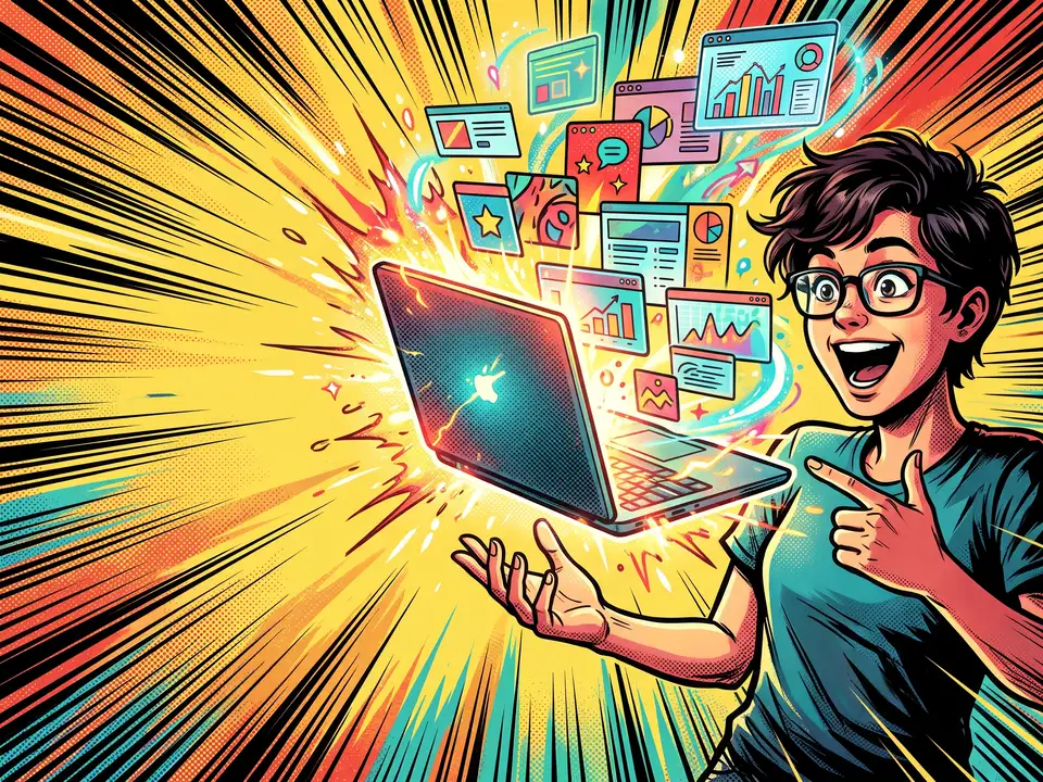 Comic book: Bold inks, halftone dots and speed lines