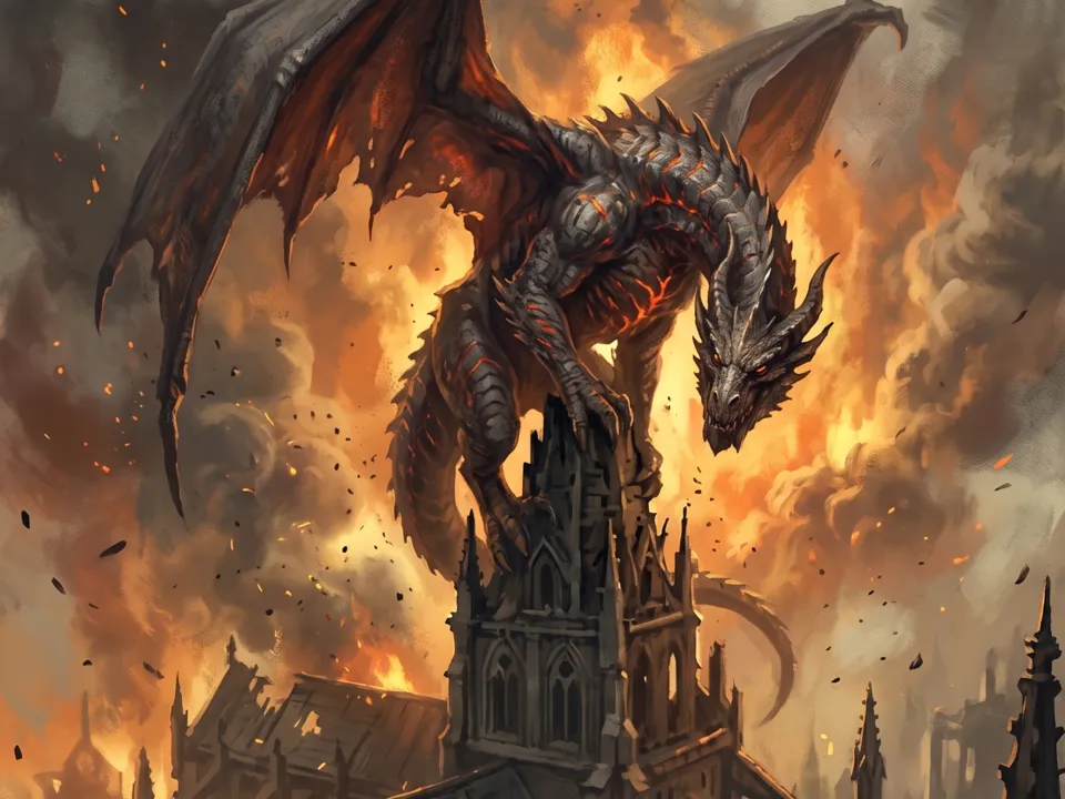 Dark fantasy: Painted fire, smoke and towering ruins