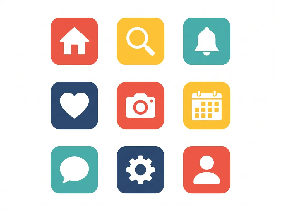 Flat colour: Solid glyphs on rounded tiles, no outlines
