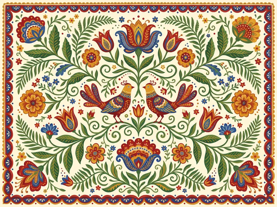 Folk art: Bright symmetrical folk florals