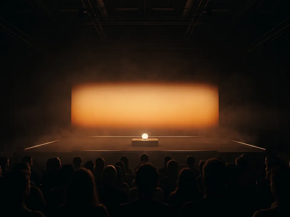Keynote stage: A dark stage, haze and one wall of warm light