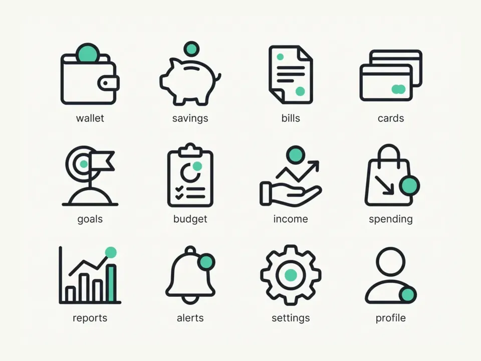 Line icons: Even strokes, one accent colour, a grid