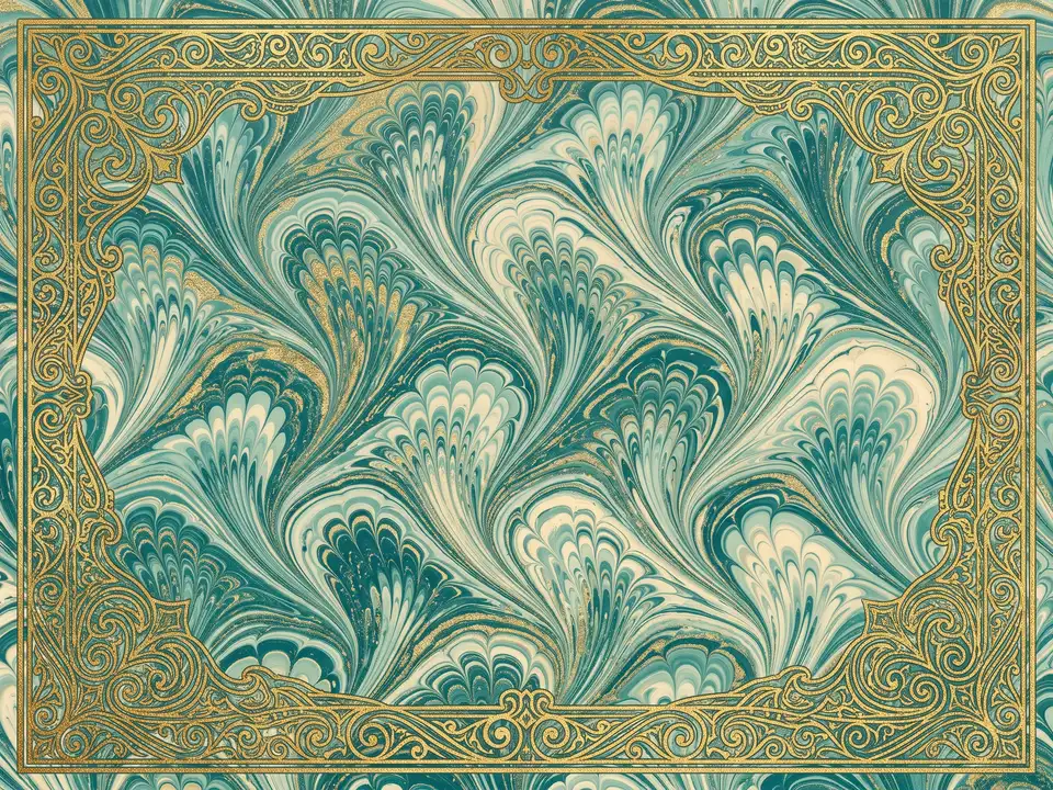 Marbled paper: Swirled marbling in teal and gold
