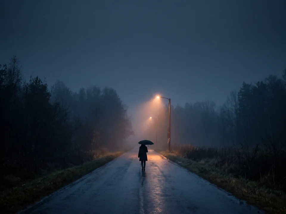 Moody photo: A night thriller still: fog, rain, one light