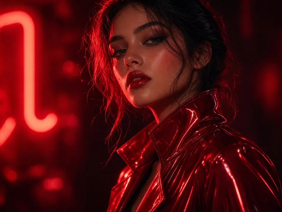 Neon night: Red neon and wet shine after dark