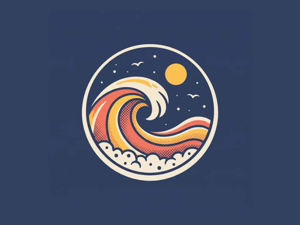 Retro badge: Sunset bands and a cream keyline in a round badge