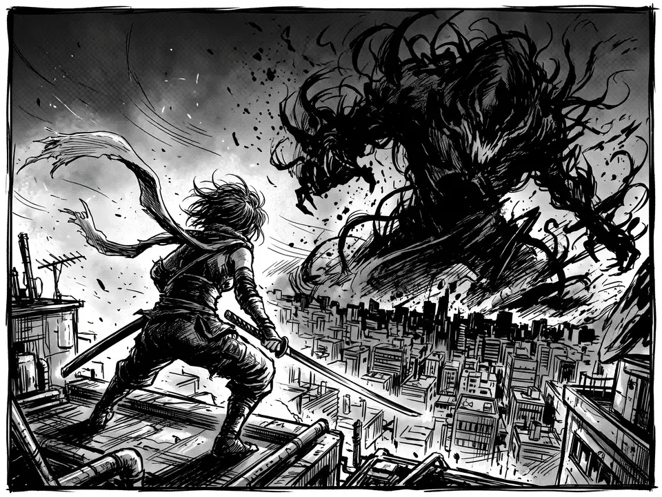 Gritty brush: Heavy blacks and rough brush hatching