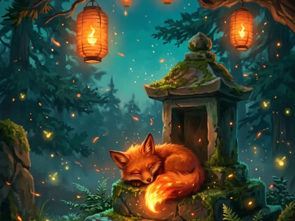 Storybook: Painted fantasy, lantern glow, deep greens