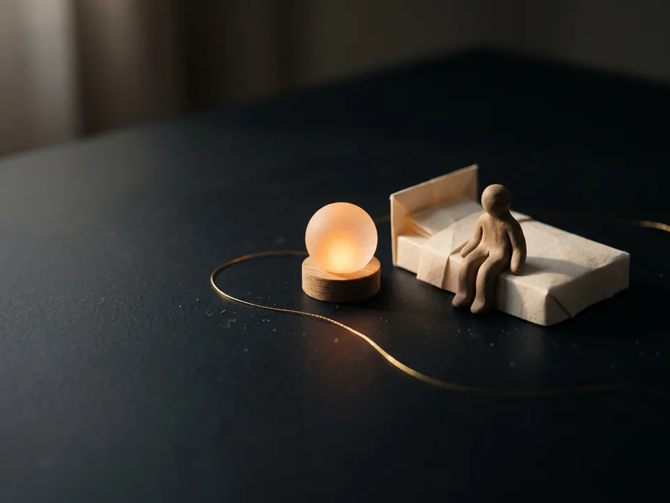 Studio miniatures: Small objects on a dark table, one gold thread