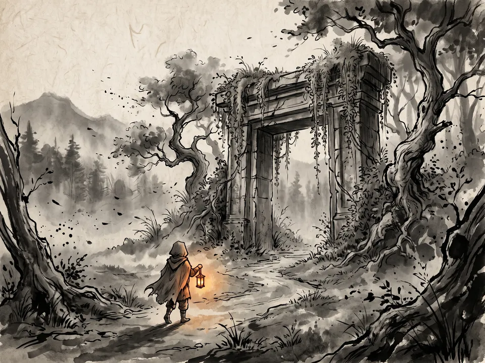 Sumi-e: Ink wash with one warm accent