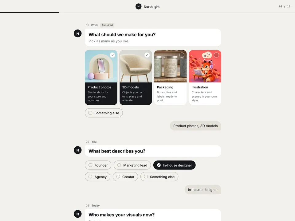 Chat: Each question a message, quick replies in ink