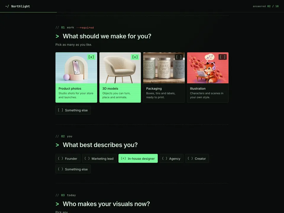 Terminal: A prompt on black, typed ticks and one green