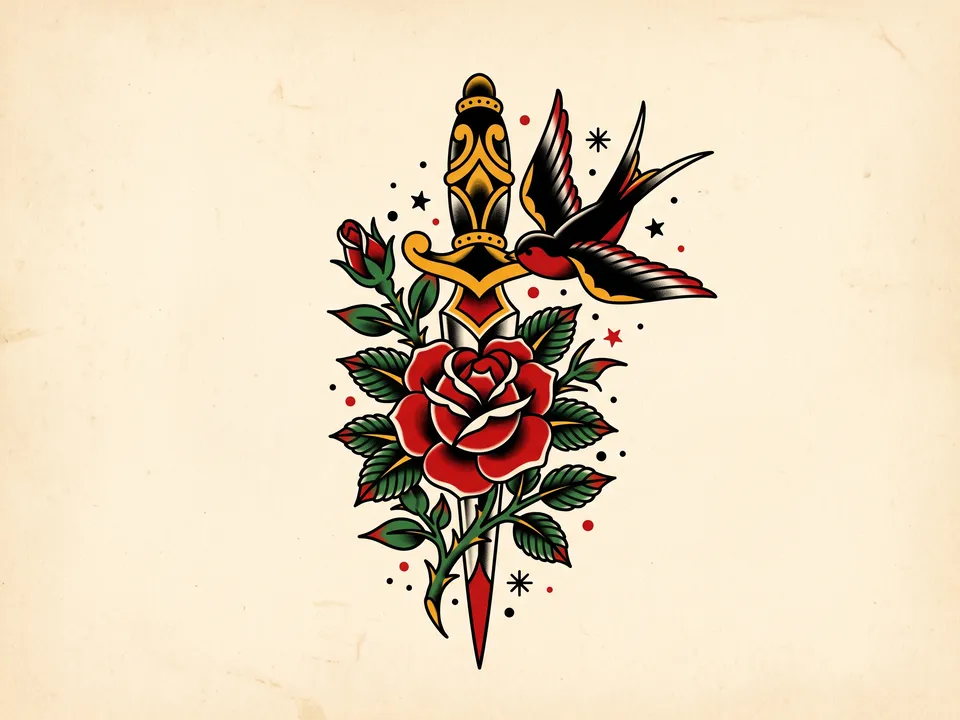 Tattoo flash: Heavy outlines in red, yellow and green