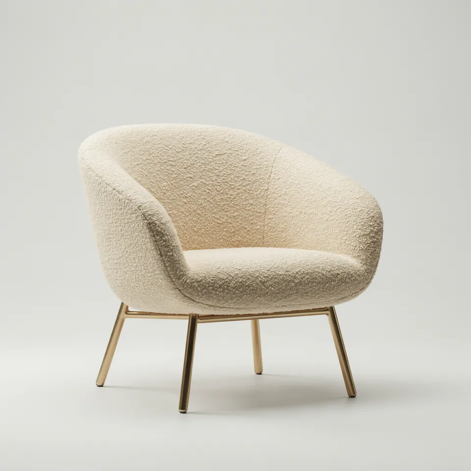 Concept from the 3D asset workflow, made for “A sculptural lounge chair in cream bouclé on thin brass legs”