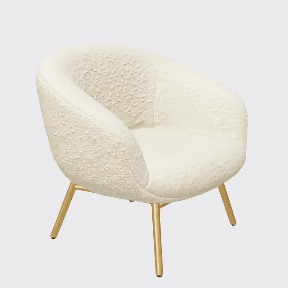 3D model from the 3D asset workflow, made for “A sculptural lounge chair in cream bouclé on thin brass legs”