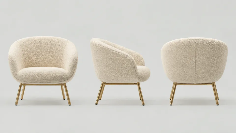 Turnaround from the 3D asset workflow, made for “A sculptural lounge chair in cream bouclé on thin brass legs”