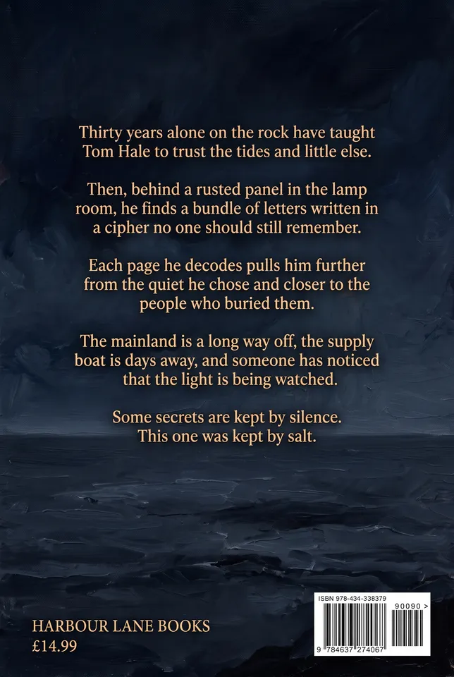 Back cover from the Book cover workflow, made for “A literary thriller called The Salt Archive, about a lighthouse keeper who finds coded letters”