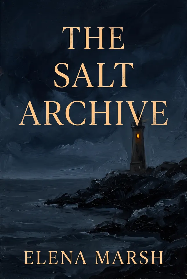 Front cover from the Book cover workflow, made for “A literary thriller called The Salt Archive, about a lighthouse keeper who finds coded letters”