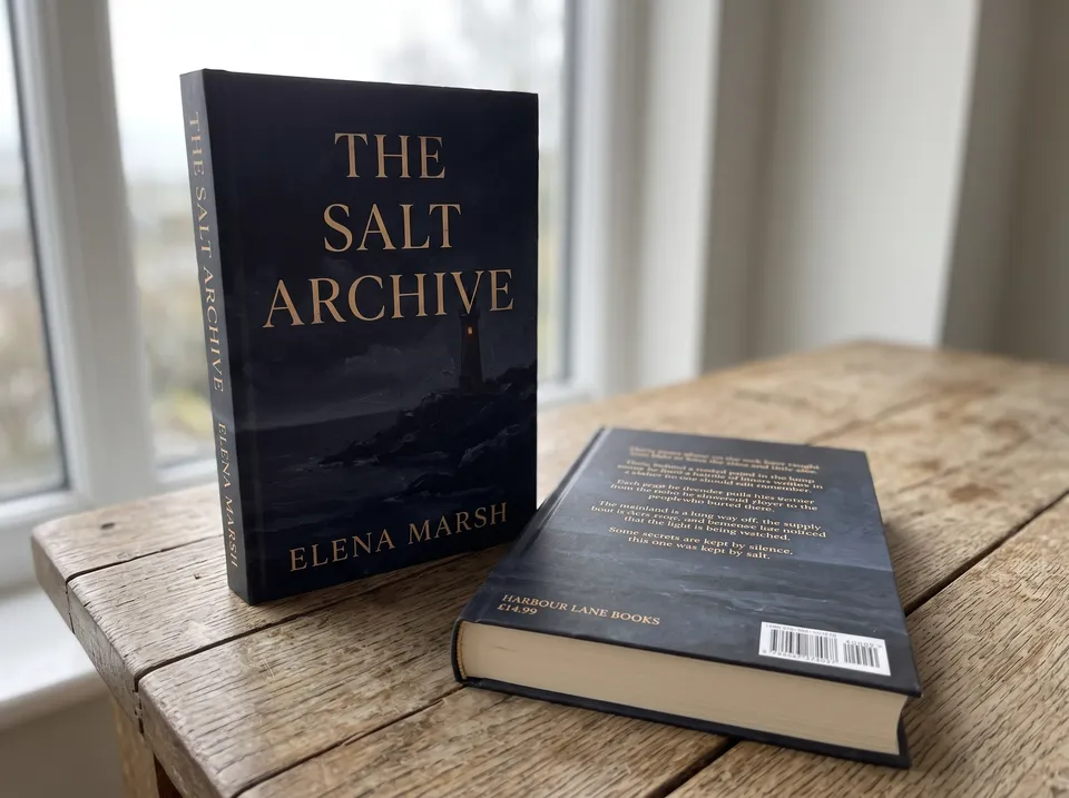 Mockup from the Book cover workflow, made for “A literary thriller called The Salt Archive, about a lighthouse keeper who finds coded letters”