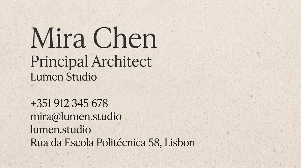 Back from the Business card workflow, made for “Cards for Mira Chen, principal architect at Lumen Studio in Lisbon: calm, minimal, warm stone colours”