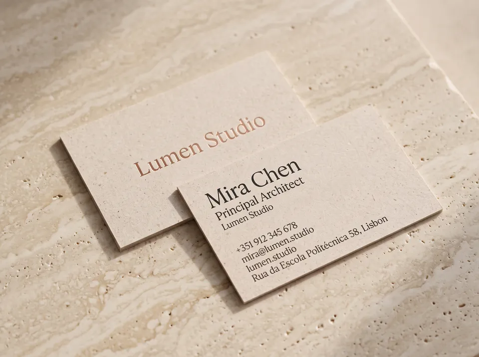 Printed cards from the Business card workflow, made for “Cards for Mira Chen, principal architect at Lumen Studio in Lisbon: calm, minimal, warm stone colours”