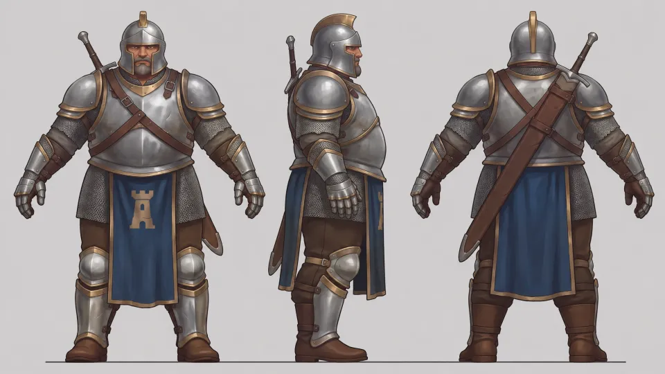 Second build from the Character gear workflow, made for “A city-watch knight in steel plate and a blue tabard, fitted to three builds”