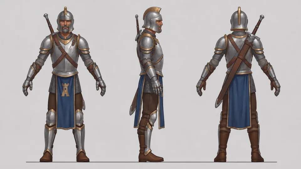 Third build from the Character gear workflow, made for “A city-watch knight in steel plate and a blue tabard, fitted to three builds”