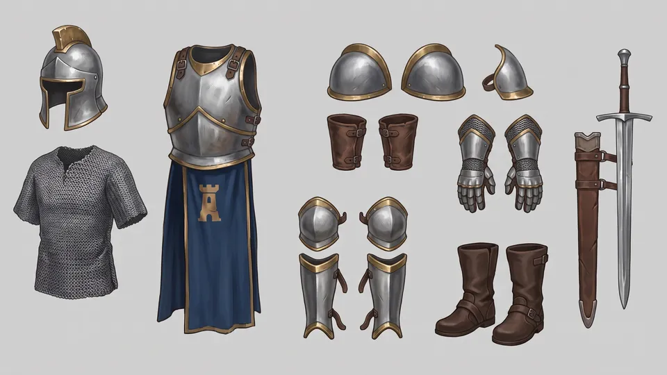 Gear sheet from the Character gear workflow, made for “A city-watch knight in steel plate and a blue tabard, fitted to three builds”