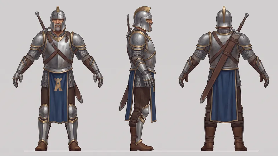 Wearing the gear from the Character gear workflow, made for “A city-watch knight in steel plate and a blue tabard, fitted to three builds”