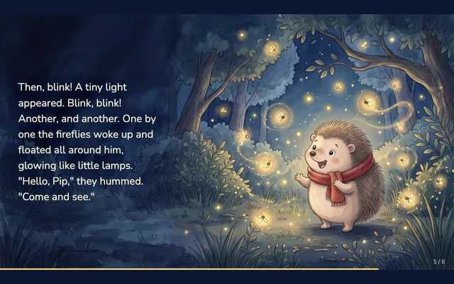 Book from the Children’s book workflow, made for “A bedtime story about Pip, a little hedgehog who is afraid of the dark, for ages 3 to 5”