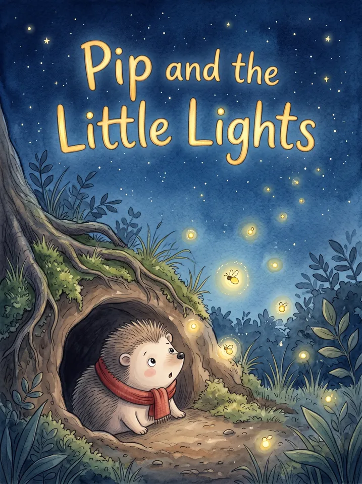 Cover from the Children’s book workflow, made for “A bedtime story about Pip, a little hedgehog who is afraid of the dark, for ages 3 to 5”