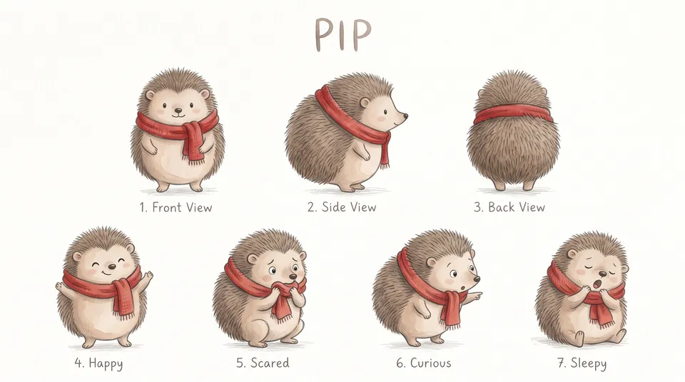 Hero sheet from the Children’s book workflow, made for “A bedtime story about Pip, a little hedgehog who is afraid of the dark, for ages 3 to 5”