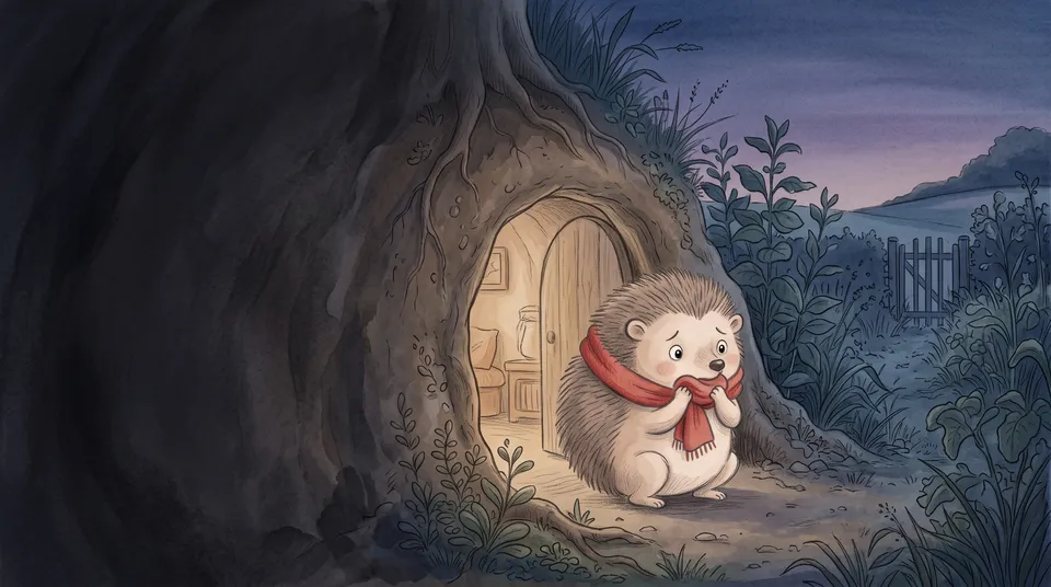Spread 1 from the Children’s book workflow, made for “A bedtime story about Pip, a little hedgehog who is afraid of the dark, for ages 3 to 5”
