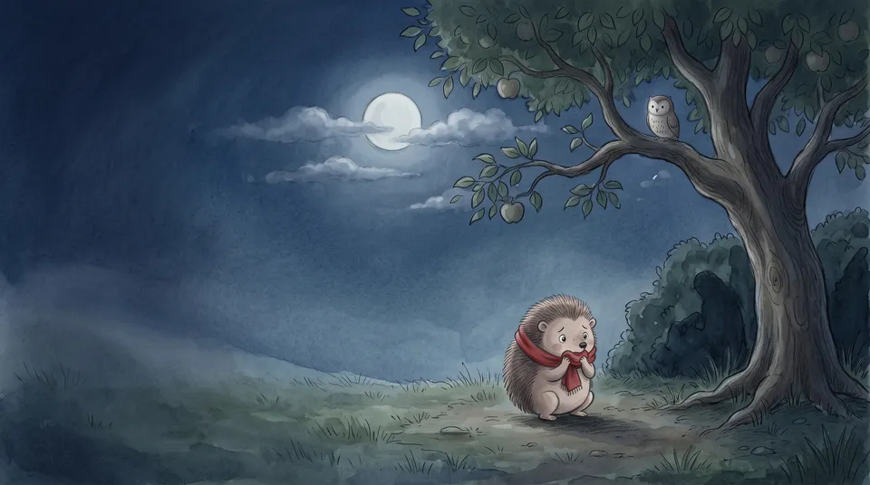 Spread 3 from the Children’s book workflow, made for “A bedtime story about Pip, a little hedgehog who is afraid of the dark, for ages 3 to 5”