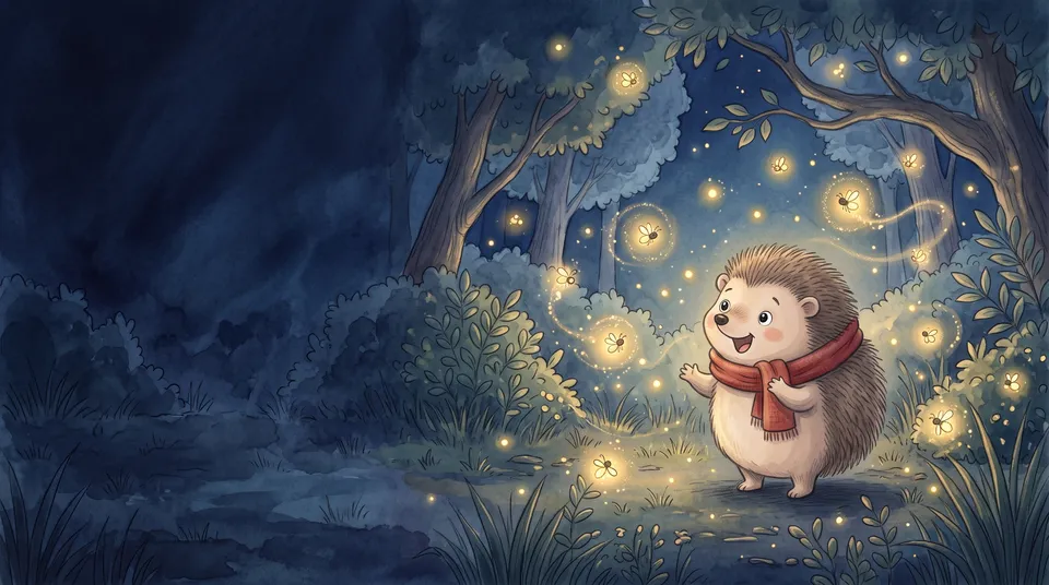 Spread 4 from the Children’s book workflow, made for “A bedtime story about Pip, a little hedgehog who is afraid of the dark, for ages 3 to 5”