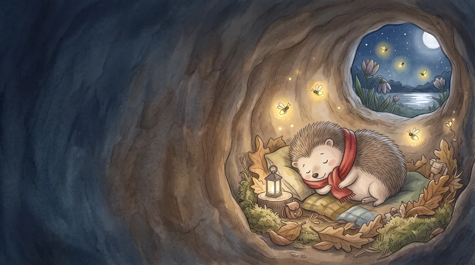 Spread 5 from the Children’s book workflow, made for “A bedtime story about Pip, a little hedgehog who is afraid of the dark, for ages 3 to 5”