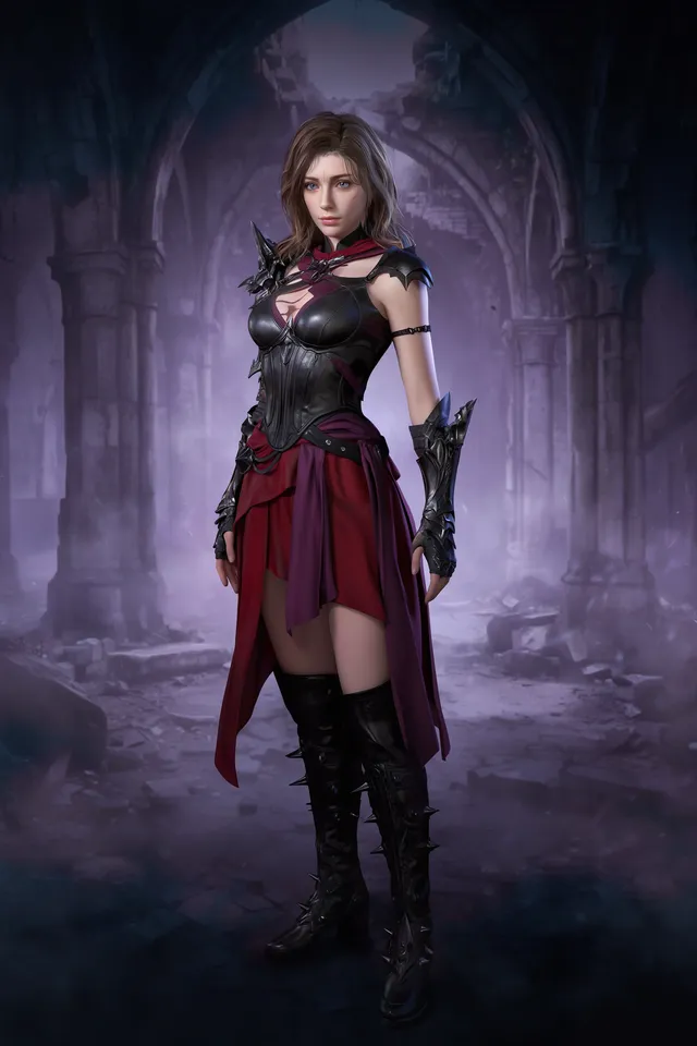 Concept from the Game character workflow, made for “A swordswoman in black leather and a torn crimson skirt, for a dark fantasy game”