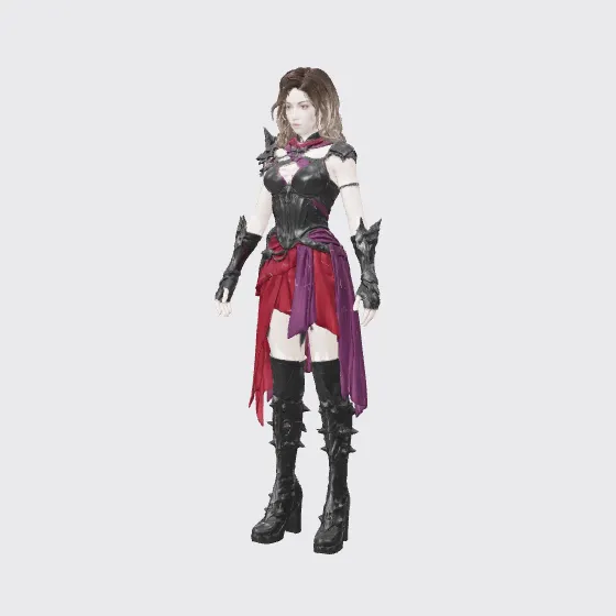 3D model from the Game character workflow, made for “A swordswoman in black leather and a torn crimson skirt, for a dark fantasy game”