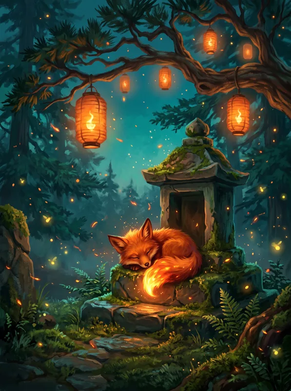 Art from the Holographic card workflow, made for “A rainbow holo card of Emberkit, a small fire fox spirit curled on a mossy shrine at dusk”