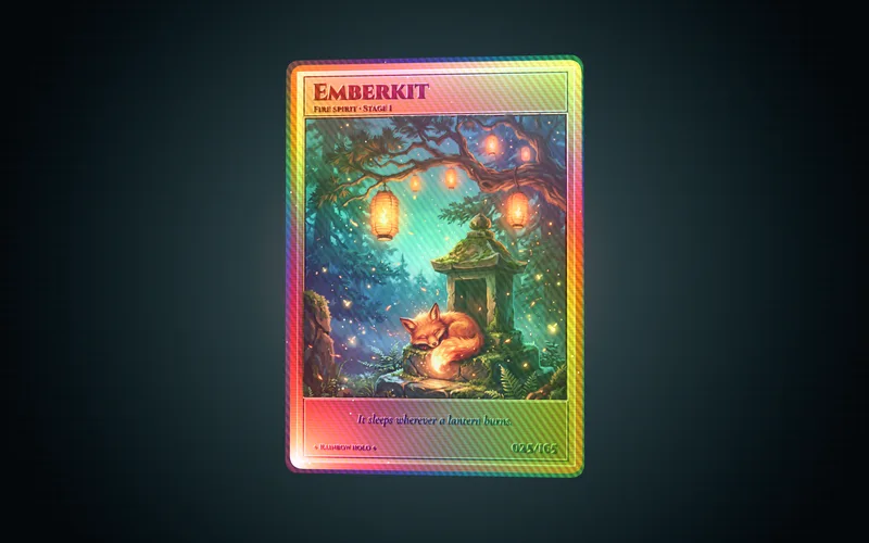 Holo card from the Holographic card workflow, made for “A rainbow holo card of Emberkit, a small fire fox spirit curled on a mossy shrine at dusk”