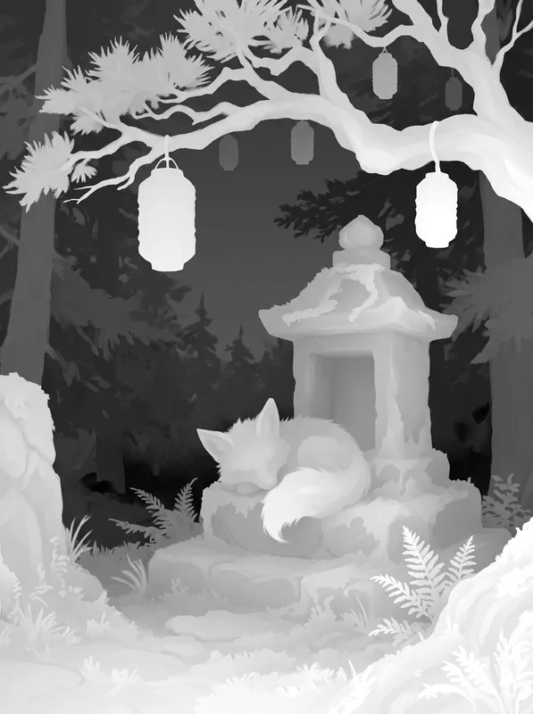 Depth map from the Holographic card workflow, made for “A rainbow holo card of Emberkit, a small fire fox spirit curled on a mossy shrine at dusk”
