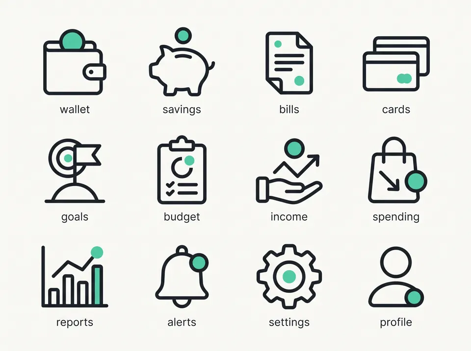Icon sheet from the Icon set workflow, made for “Twelve icons for a budgeting app, friendly rounded line icons with a mint accent”
