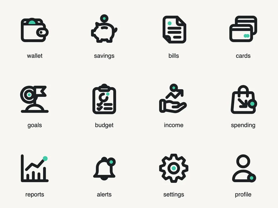 SVG icons from the Icon set workflow, made for “Twelve icons for a budgeting app, friendly rounded line icons with a mint accent”