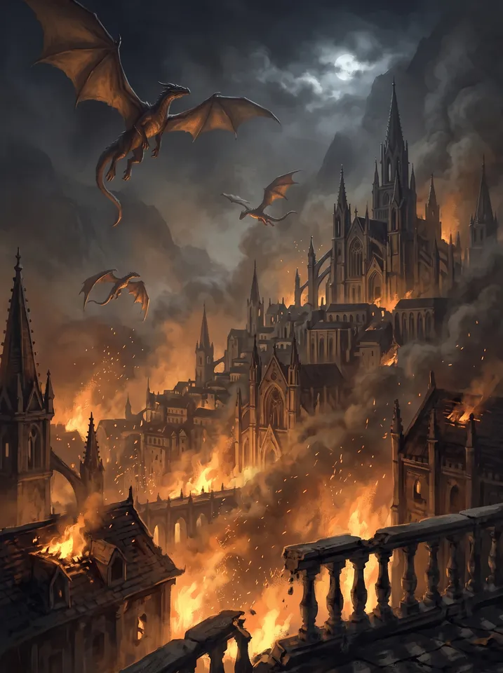 Endpaper from the Illustrated book workflow, made for “Plates for a dark fantasy book about dragons nesting in a ruined cathedral city”