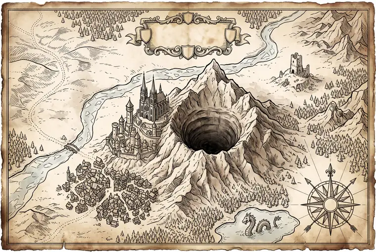 Map from the Illustrated book workflow, made for “Plates for a dark fantasy book about dragons nesting in a ruined cathedral city”